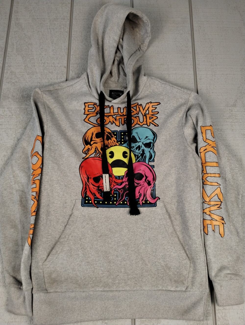 Sinsay Exclusive Contour Graphic Hoodie Mens S Grey Skulls Gamer Streetwear